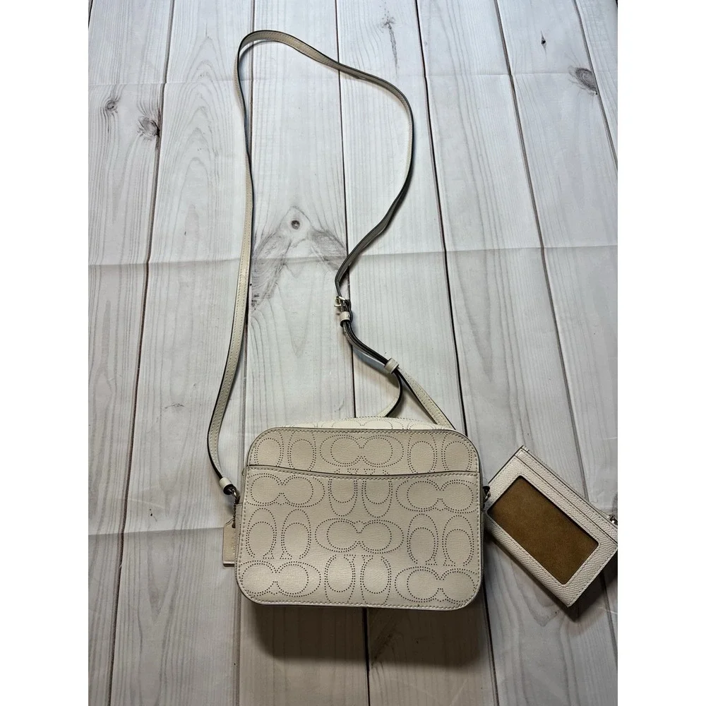 Coach Mini Camera Bag in Signature Perforated Leather White Gold Hardware Wallet